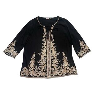 Solitaire for Anthropologie Black Embroidered Cotton Boho V-Neck Blouse L